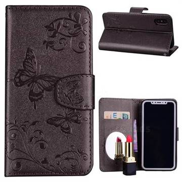 Embossing Butterfly Morning Glory Mirror Leather Wallet Case for iPhone XS / X / 10 (5.8 inch) - Silver Gray