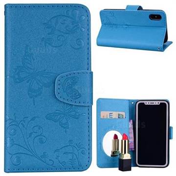 Embossing Butterfly Morning Glory Mirror Leather Wallet Case for iPhone XS / X / 10 (5.8 inch) - Blue