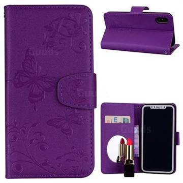Embossing Butterfly Morning Glory Mirror Leather Wallet Case for iPhone XS / X / 10 (5.8 inch) - Purple