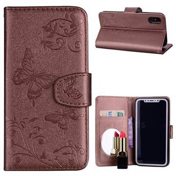 Embossing Butterfly Morning Glory Mirror Leather Wallet Case for iPhone XS / X / 10 (5.8 inch) - Coffee