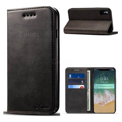 Suteni Simple Style Calf Stripe Leather Wallet Phone Case for iPhone XS / X / 10 (5.8 inch) - Black