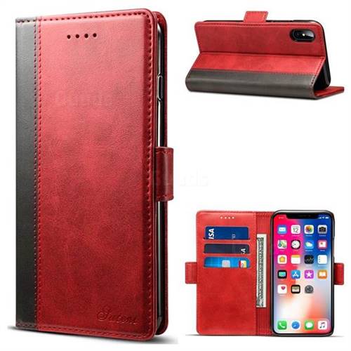 Suteni Calf Stripe Dual Color Leather Wallet Flip Case for iPhone XS / X / 10 (5.8 inch) - Red