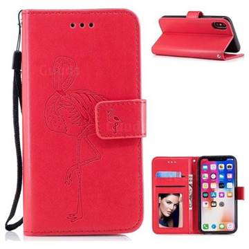 Intricate Embossing Flamingos Leather Wallet Case for iPhone XS / X / 10 (5.8 inch) - Red