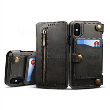 Suteni Retro 2 in 1 Separable Metal Zipper Buttons PU Leather Wallet Phone Case for iPhone XS / X / 10 (5.8 inch) - Dark Gray