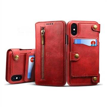 Suteni Retro 2 in 1 Separable Metal Zipper Buttons PU Leather Wallet Phone Case for iPhone XS / X / 10 (5.8 inch) - Red