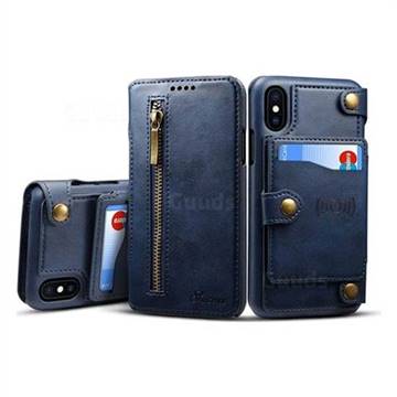 Suteni Retro 2 in 1 Separable Metal Zipper Buttons PU Leather Wallet Phone Case for iPhone XS / X / 10 (5.8 inch) - Blue