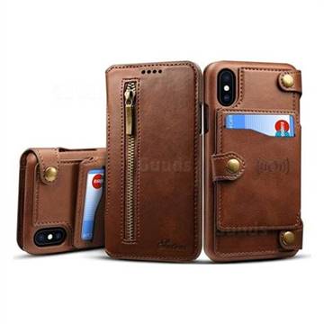 Suteni Retro 2 in 1 Separable Metal Zipper Buttons PU Leather Wallet Phone Case for iPhone XS / X / 10 (5.8 inch) - Brown