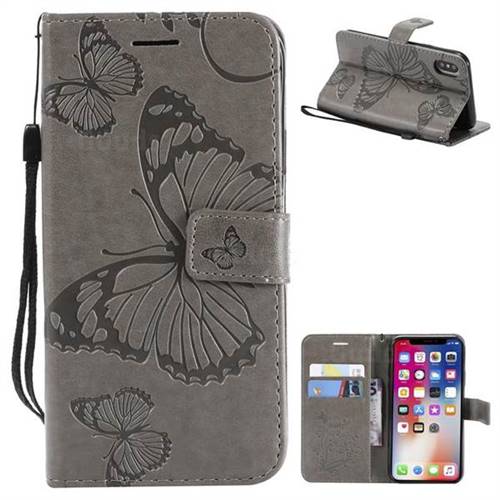 Embossing 3D Butterfly Leather Wallet Case for iPhone XS / X / 10 (5.8 inch) - Gray