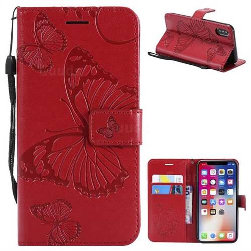 Embossing 3D Butterfly Leather Wallet Case for iPhone XS / X / 10 (5.8 inch) - Red