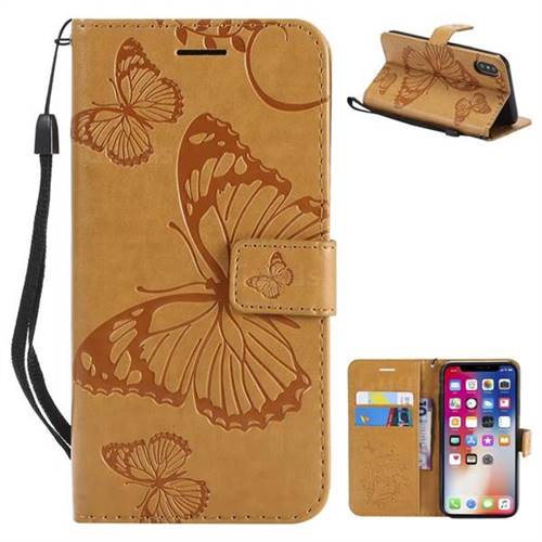 Embossing 3D Butterfly Leather Wallet Case for iPhone XS / X / 10 (5.8 inch) - Yellow