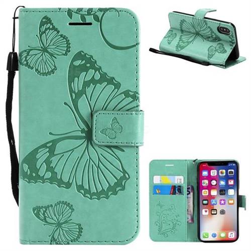 Embossing 3D Butterfly Leather Wallet Case for iPhone XS / X / 10 (5.8 inch) - Green