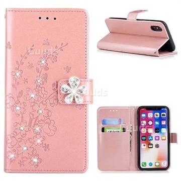Embossing Plum Blossom Rhinestone Leather Wallet Case for iPhone XS / X / 10 (5.8 inch) - Rose Gold