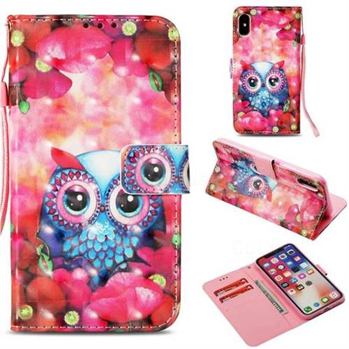 Flower Owl 3D Painted Leather Wallet Case for iPhone XS / X / 10 (5.8 inch)