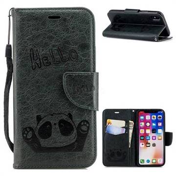 Embossing Hello Panda Leather Wallet Phone Case for iPhone XS / X / 10 (5.8 inch) - Seagreen