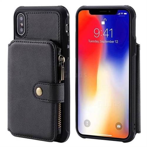 Retro Luxury Multifunction Zipper Leather Phone Back Cover for iPhone XS / X / 10 (5.8 inch) - Black
