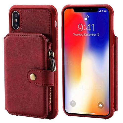 Retro Luxury Multifunction Zipper Leather Phone Back Cover for iPhone XS / X / 10 (5.8 inch) - Red
