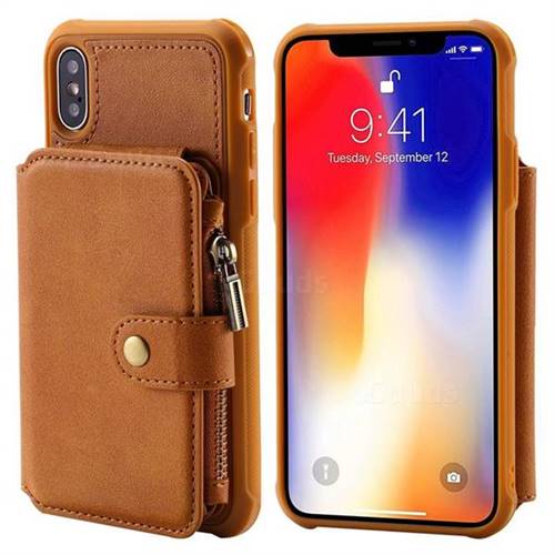 Retro Luxury Multifunction Zipper Leather Phone Back Cover for iPhone XS / X / 10 (5.8 inch) - Brown