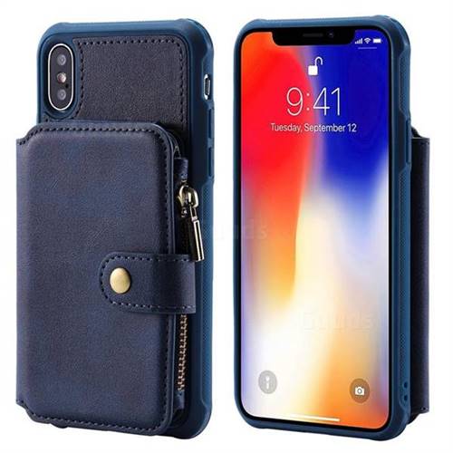 Retro Luxury Multifunction Zipper Leather Phone Back Cover for iPhone XS / X / 10 (5.8 inch) - Blue