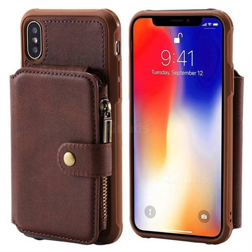 Retro Luxury Multifunction Zipper Leather Phone Back Cover for iPhone XS / X / 10 (5.8 inch) - Coffee