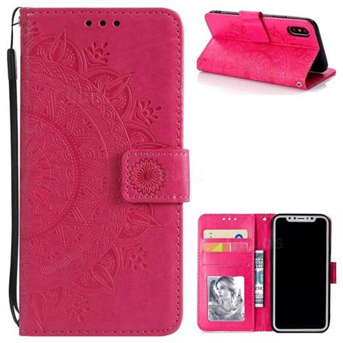 Intricate Embossing Datura Leather Wallet Case for iPhone XS / X / 10 (5.8 inch) - Rose Red