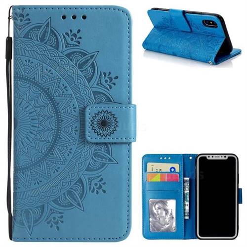 Intricate Embossing Datura Leather Wallet Case for iPhone XS / X / 10 (5.8 inch) - Blue