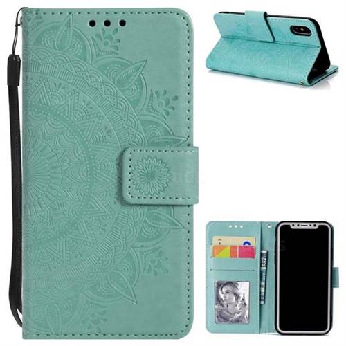 Intricate Embossing Datura Leather Wallet Case for iPhone XS / X / 10 (5.8 inch) - Mint Green
