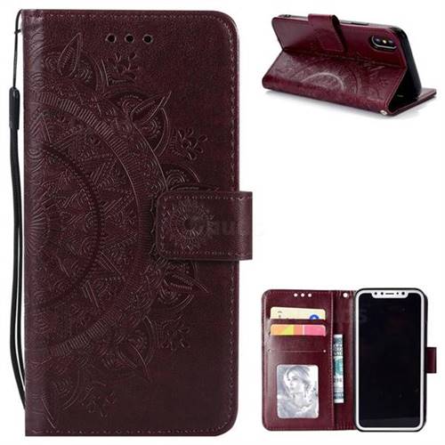 Intricate Embossing Datura Leather Wallet Case for iPhone XS / X / 10 (5.8 inch) - Brown