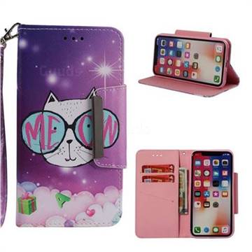 Glasses Cat Big Metal Buckle PU Leather Wallet Phone Case for iPhone XS / X / 10 (5.8 inch)