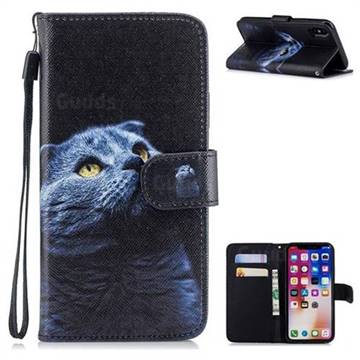 Looking Up Cat Painting Leather Wallet Phone Case for iPhone XS / X / 10 (5.8 inch)