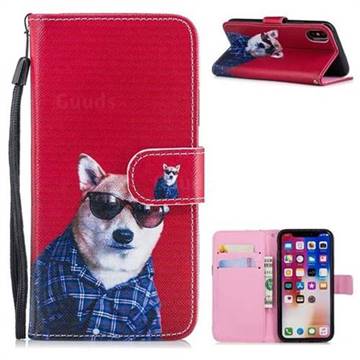 Glasses Shiba Inu Painting Leather Wallet Phone Case for iPhone XS / X / 10 (5.8 inch)