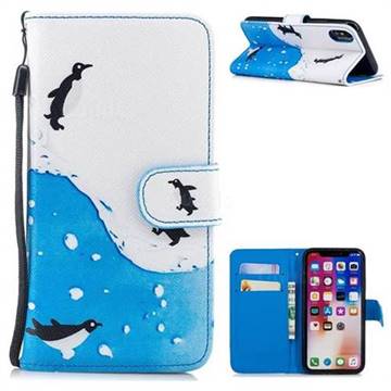 Sea Penguin Painting Leather Wallet Phone Case for iPhone XS / X / 10 (5.8 inch)