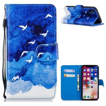 Sky Flying Bird Painting Leather Wallet Phone Case for iPhone XS / X / 10 (5.8 inch)
