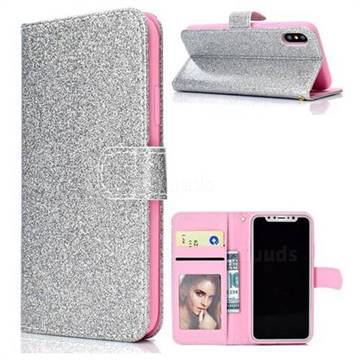 Glitter Shine Leather Wallet Phone Case for iPhone XS / X / 10 (5.8 inch) - Silver