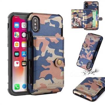 Camouflage Multi-function Leather Phone Case for iPhone XS / X / 10 (5.8 inch) - Blue