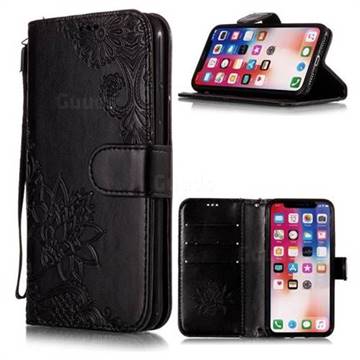 Intricate Embossing Lotus Mandala Flower Leather Wallet Case for iPhone XS / X / 10 (5.8 inch) - Black