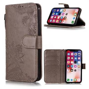Intricate Embossing Lotus Mandala Flower Leather Wallet Case for iPhone XS / X / 10 (5.8 inch) - Gray