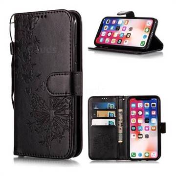 Intricate Embossing Dandelion Butterfly Leather Wallet Case for iPhone XS / X / 10 (5.8 inch) - Black