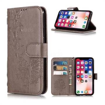 Intricate Embossing Dandelion Butterfly Leather Wallet Case for iPhone XS / X / 10 (5.8 inch) - Gray