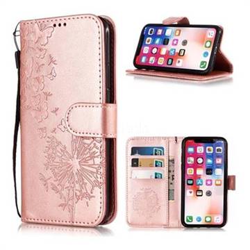 Intricate Embossing Dandelion Butterfly Leather Wallet Case for iPhone XS / X / 10 (5.8 inch) - Rose Gold