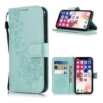 Intricate Embossing Dandelion Butterfly Leather Wallet Case for iPhone XS / X / 10 (5.8 inch) - Green