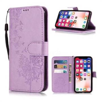 Intricate Embossing Dandelion Butterfly Leather Wallet Case for iPhone XS / X / 10 (5.8 inch) - Purple