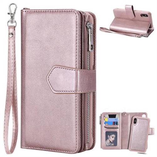 Retro Luxury Multifunction Zipper Leather Phone Wallet for iPhone XS / iPhone X(5.8 inch) - Rose Gold