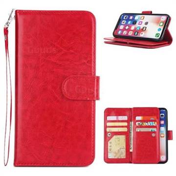 9 Card Photo Frame Smooth PU Leather Wallet Phone Case for iPhone XS / iPhone X(5.8 inch) - Red