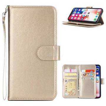 9 Card Photo Frame Smooth PU Leather Wallet Phone Case for iPhone XS / iPhone X(5.8 inch) - Golden