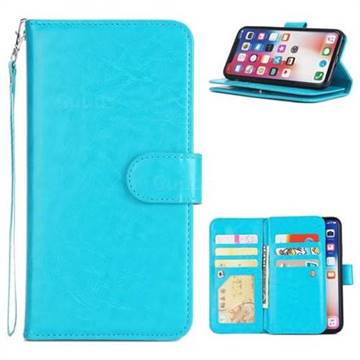 9 Card Photo Frame Smooth PU Leather Wallet Phone Case for iPhone XS / iPhone X(5.8 inch) - Blue