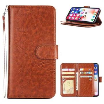 9 Card Photo Frame Smooth PU Leather Wallet Phone Case for iPhone XS / iPhone X(5.8 inch) - Brown