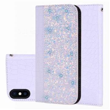 Shiny Crocodile Pattern Stitching Magnetic Closure Flip Holster Shockproof Phone Cases for iPhone XS / iPhone X(5.8 inch) - White Silver