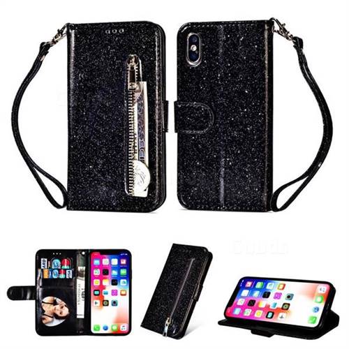 Glitter Shine Leather Zipper Wallet Phone Case for iPhone XS / iPhone X(5.8 inch) - Black