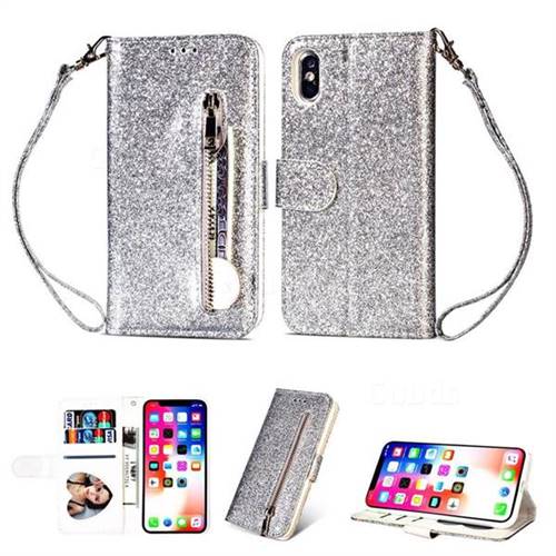 Glitter Shine Leather Zipper Wallet Phone Case for iPhone XS / iPhone X(5.8 inch) - Silver