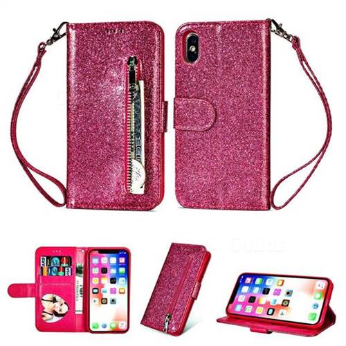 Glitter Shine Leather Zipper Wallet Phone Case for iPhone XS / iPhone X(5.8 inch) - Rose
